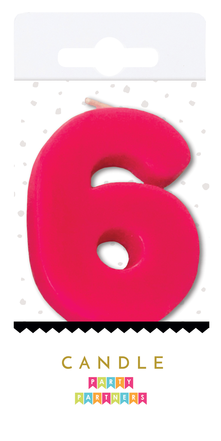 Neon number candle 0 from Party Partners, bright pink and white decorative candle for celebrations and birthdays.
